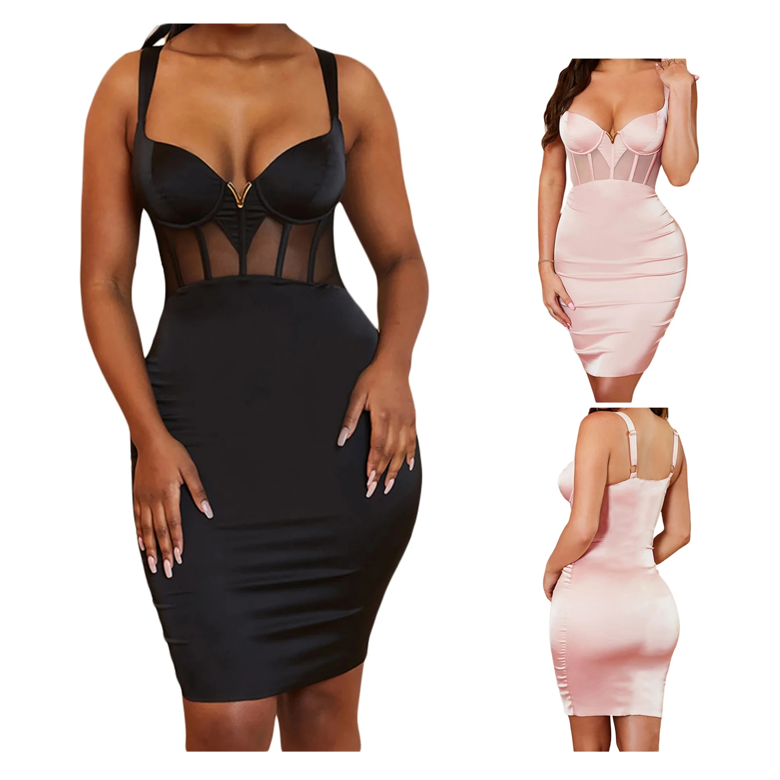 

Women's Bodycon Sexy Fashion Dress, Sleeveless Notched V Neck Solid Color Mesh Strap Dress