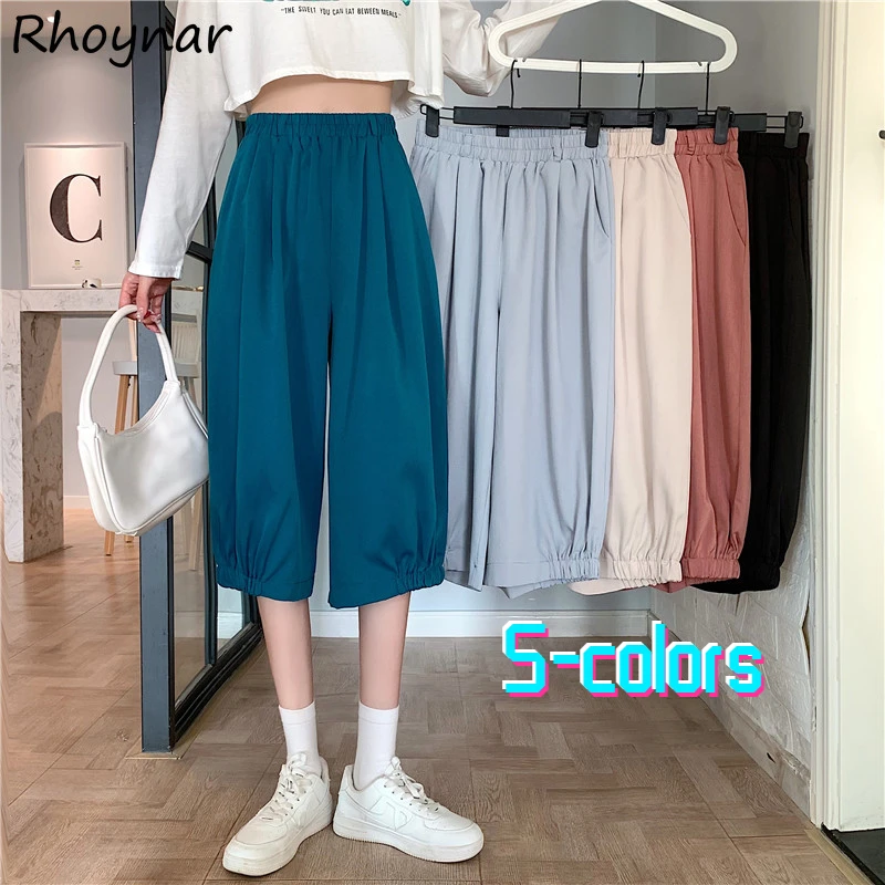 

Casual Bloomers Pants Women Summer Calf-Length Elastic Waist Thin Solid Fashion Streetwear Popular Ulzzang Lovely Loose Cozy Ins