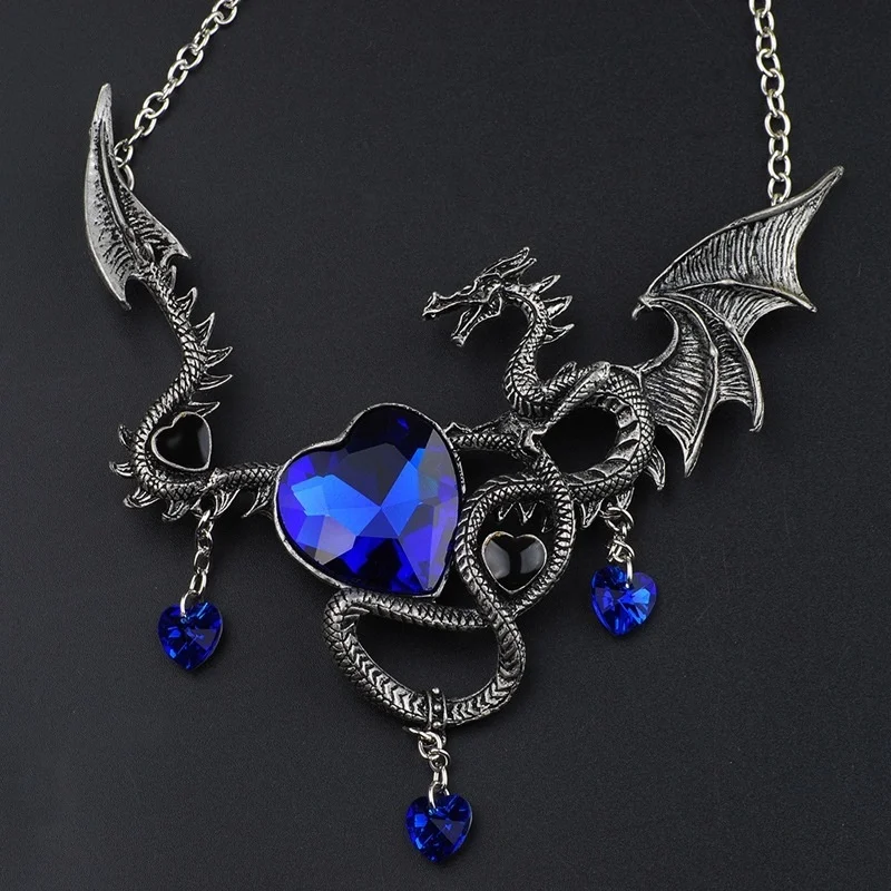 

Fashion Heart-Shaped Men's Pendant Necklace Zircon Inlaid Fashion Jewelry Dragon Personality Punk Hip Hop Domineering Necklace