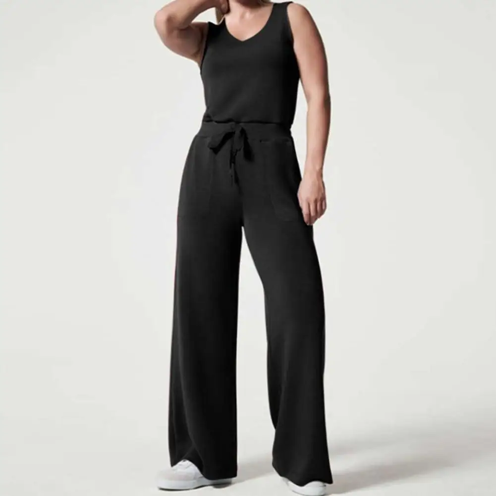 Fashion Work Overalls V-Neck Loose Summer Elastic Waist Drawstring Casual Jumpsuit  Breathable Women Jumpsuit Streetwear