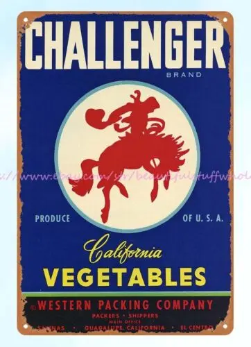 Бренд Challenger Калифорния овощной ящик этикетка rodeo ковбойская лошадь жестяной знак
