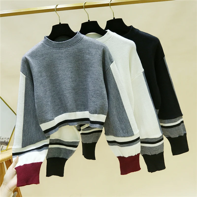 Короткий стильный женский свитер с цветными блоками Свободный вязаный пуловер