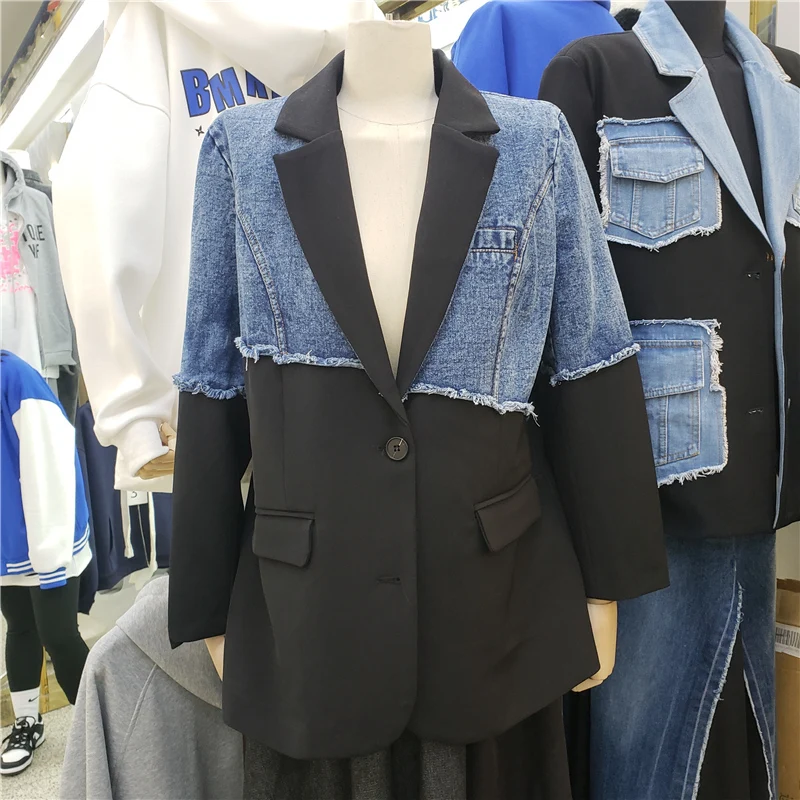 

Korean Loose Women Denim Patchwork Suit Jacket Lapel Single-breasted Female Blazers Frayed Burrs Spring Casual Ropa Para Mujer