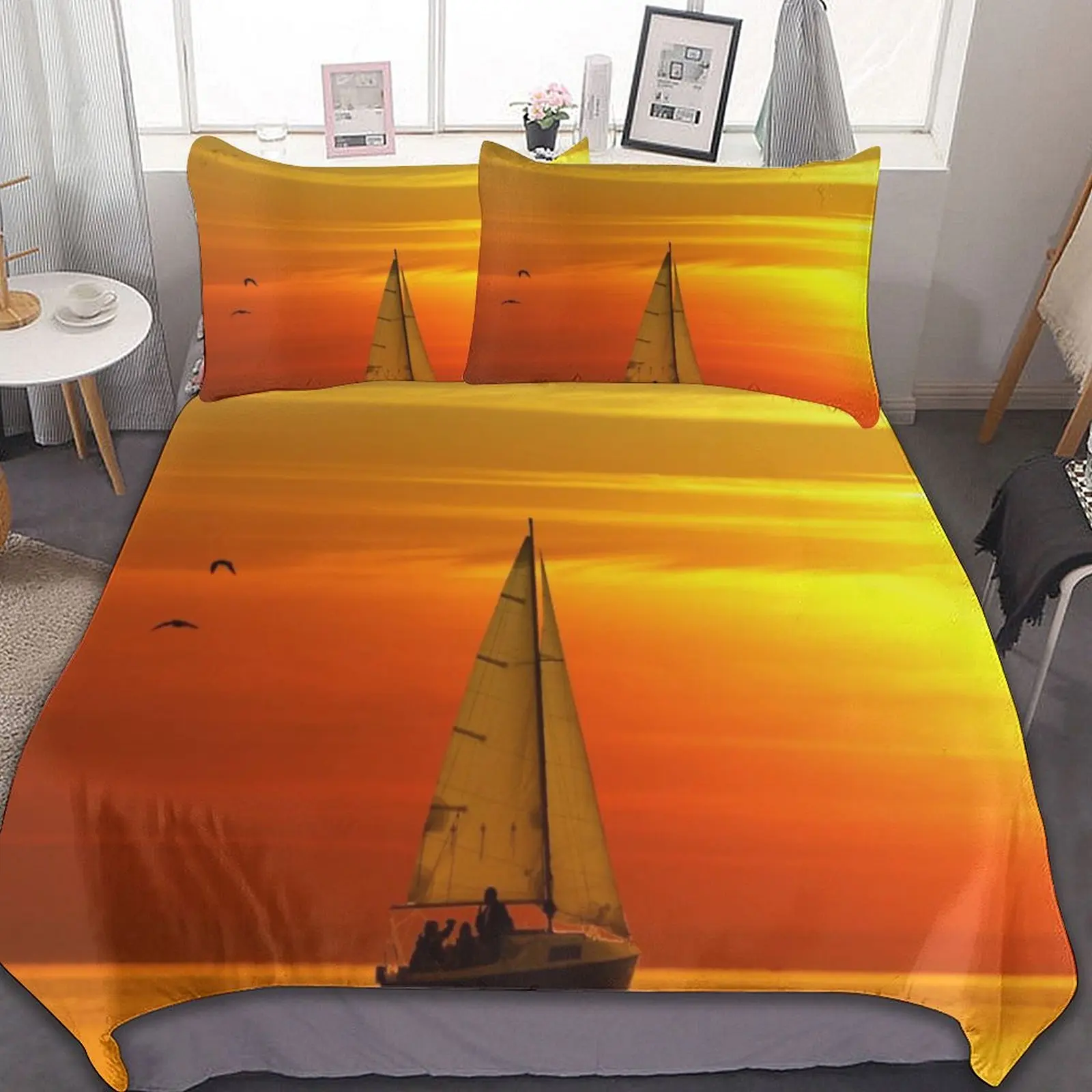 

3-Piece Bedding Set (1 Duvet Cover + 2 Pillow Shams) Sailing The Ocean at Sunset Style 86"x70",79"x90",90"x90"