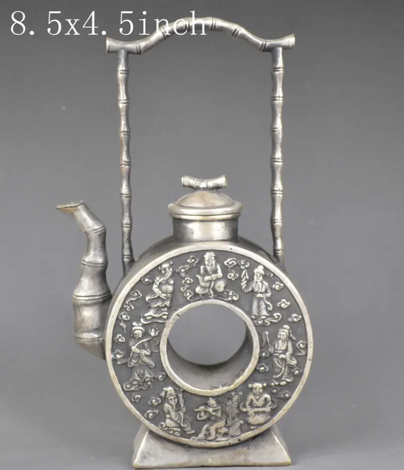 

Декоративный серебряный китайский старый ручной работы счастливый MIAO Серебряный чайник-Восемь Бессмертных инструменты для доставки Латун...