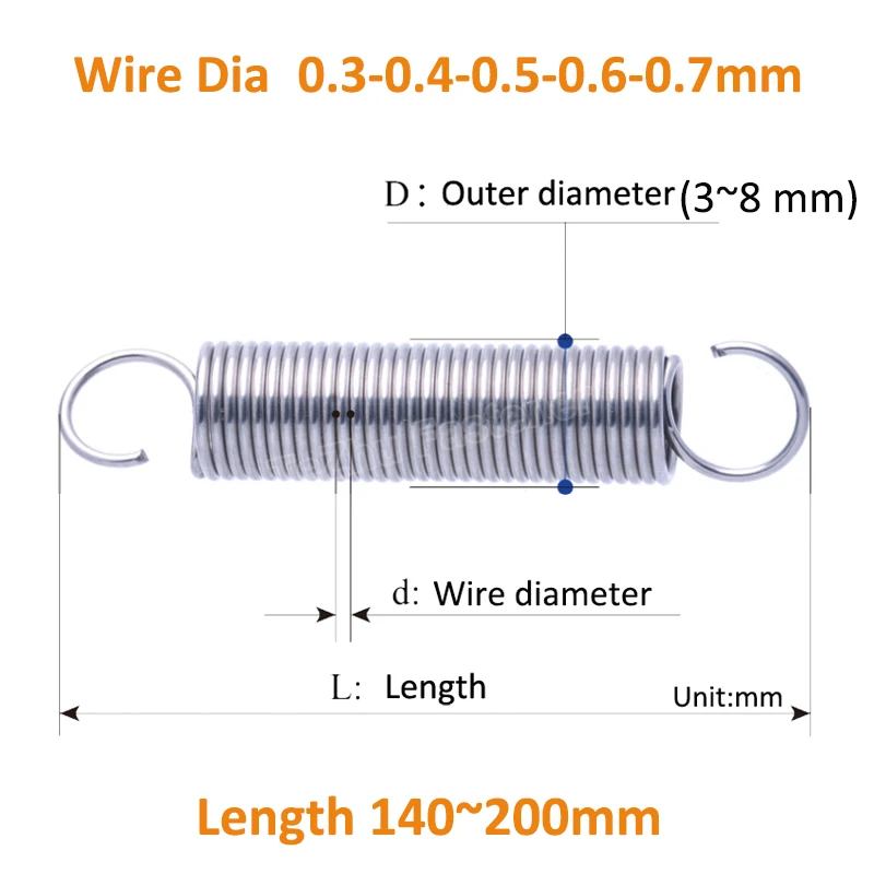 

2pcs 304SS Open Hook Tension Extension Stretching Small Steel Spring Wire Dia 0.3/0.4/0.5/0.6/0.7mm OD 3mm~8mm Length 140~200mm