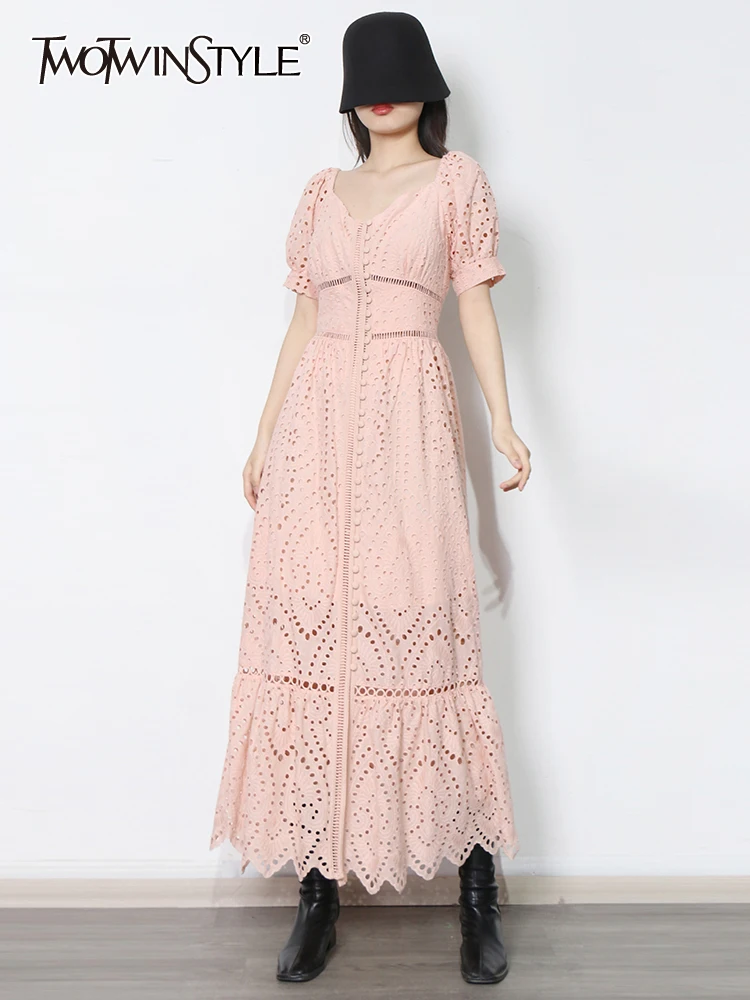 

TWOTWINSTYLE Casual Dress For Women V Neck Short Sleeve High Waist Solid Midi Dresses Female Summer Clothing 2022 Fashion New