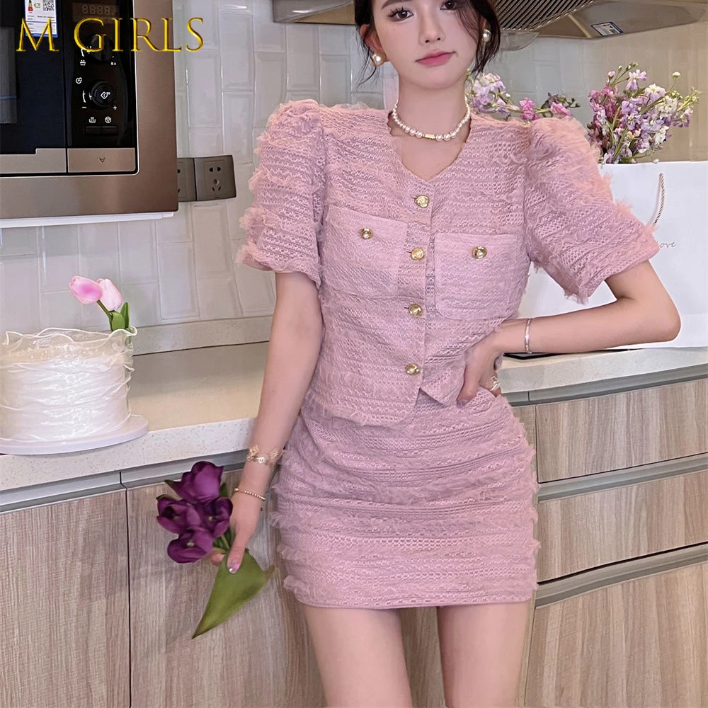 Small Fragrance High Quality Fashion Two Piece Set Women Shirt Crop Top + Bodycon Skirt Sets Korean Sweet Summer 2 Piece Suits