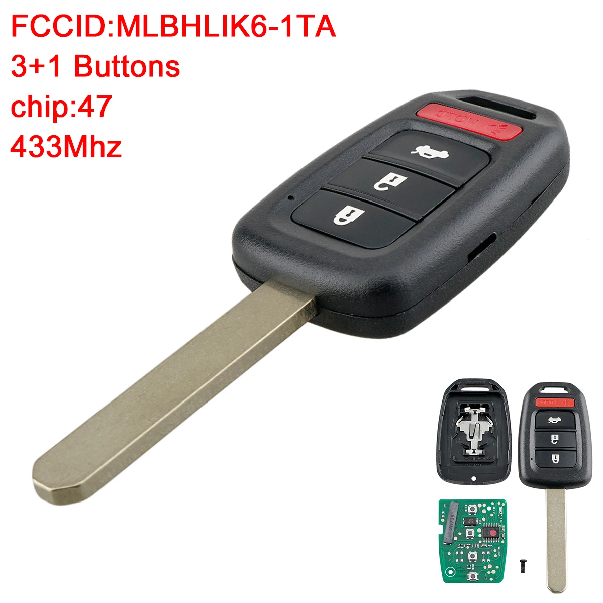 

3 + 1 Buttons 433MHz Keyless Remote Car Key Fob with ID47 / 7952 Chip MLBHLIK6-1TA Fit for 2016 2017 2018 2019 Honda Civic