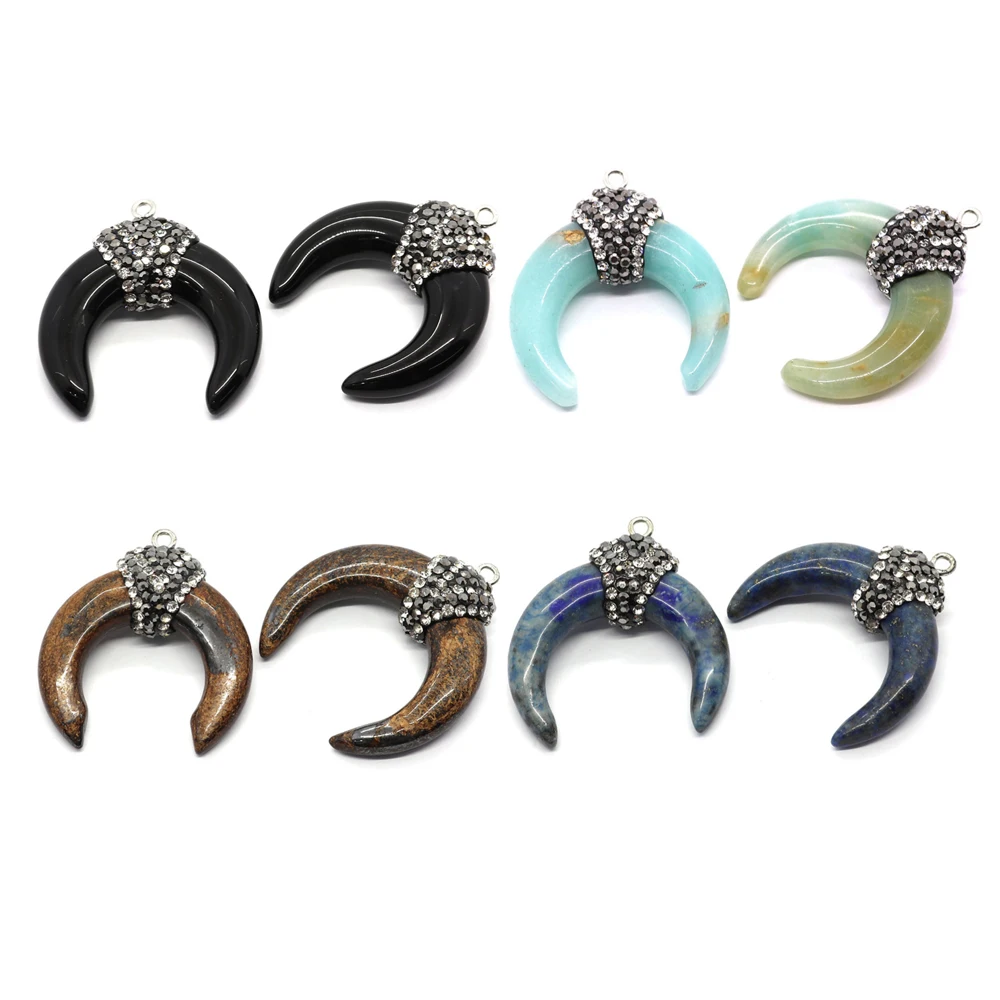 

Natural Stone Pendants Amazonite Agate Bull Horn Charms for Jewelry Making DIY Necklace Moon Shape Lapis Lazuli Howlite Pendants