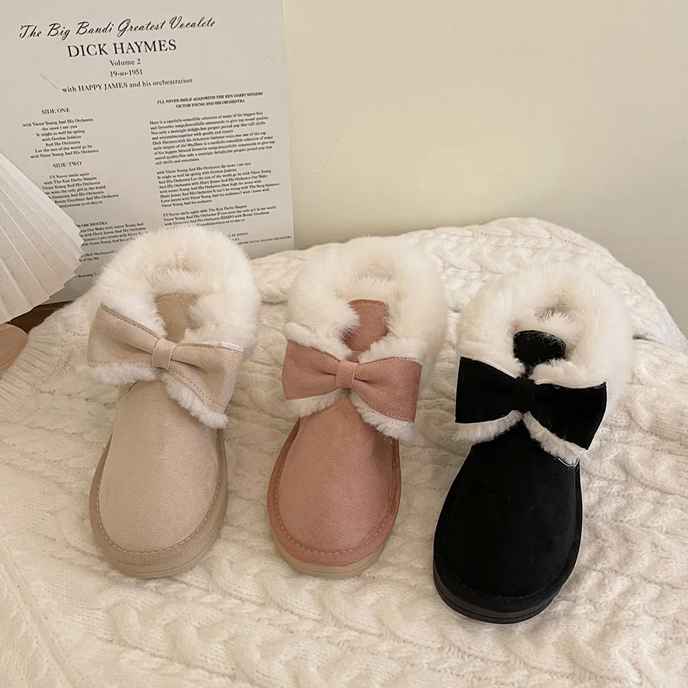

Женские зимние ботинки на толстой подошве, с милым бантом, новинка 2022, зимняя повседневная универсальная утолщенная теплая обувь из хлопка для женщин