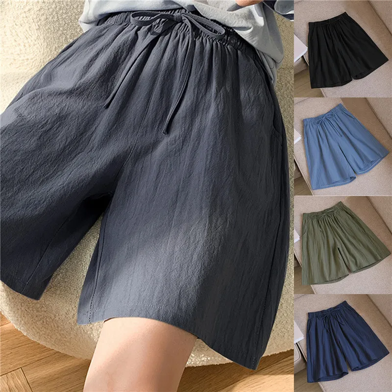 

New Women's Cotton Linen Loose Shorts Summer Women High Waist Wide Leg Pants Simple Solid Color Leisure Five-Point Pants Female