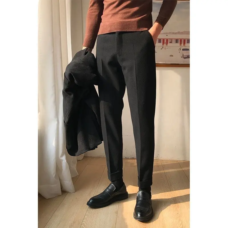 

Брюки мужские шерстяные, плотные облегающие деловые штаны для отдыха, модная одежда, W86, Осень-зима