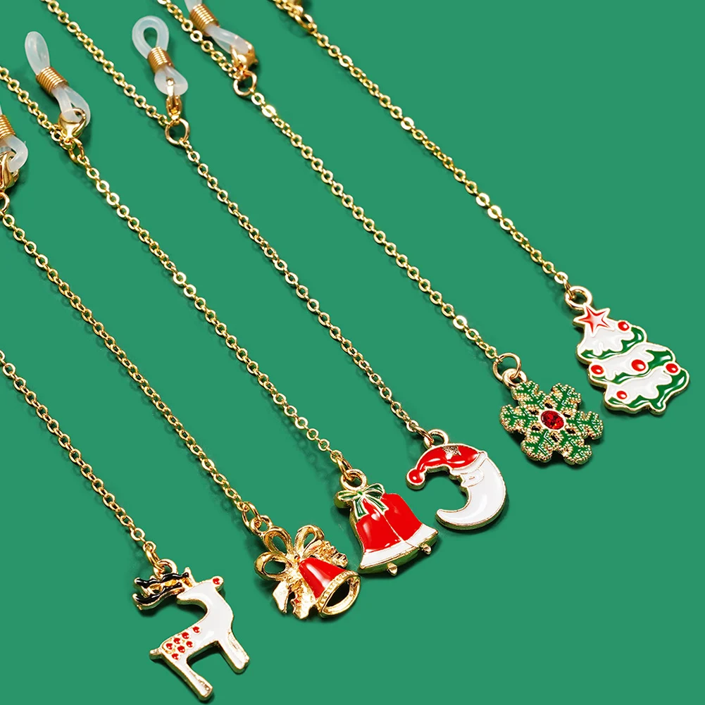 

2022 New Christmas Tree Mask Chain Cane Bell Pendant Gold Color Metal Link Chain Lanyard for Mask Glasses Chain Christmas Gifts