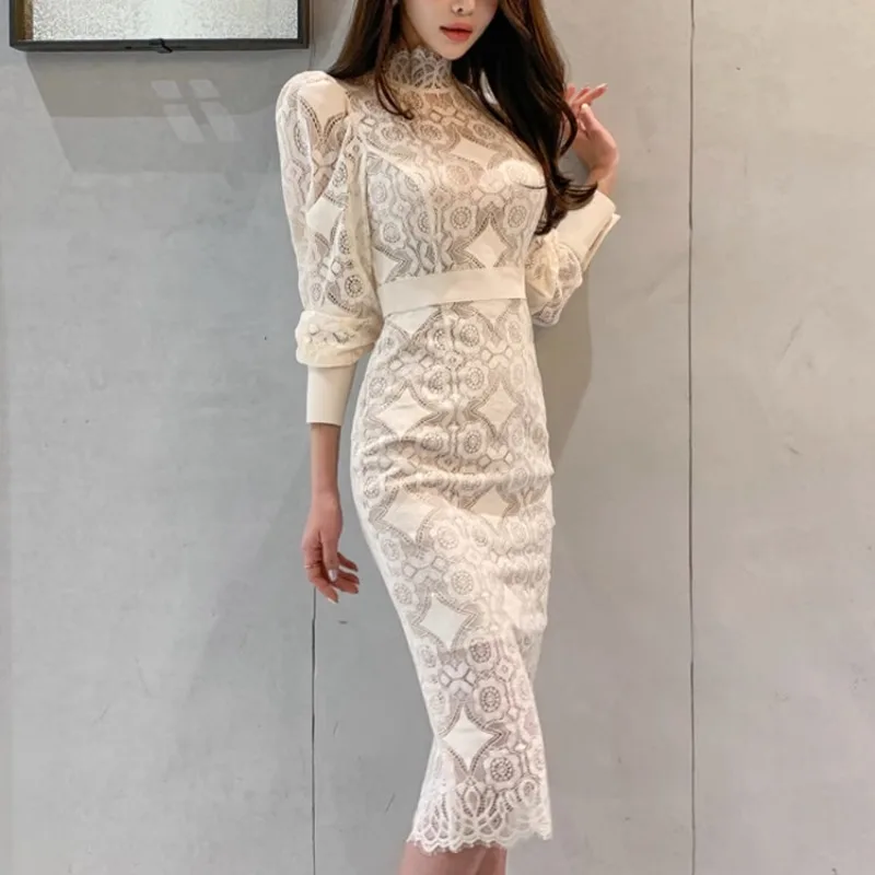 

Solid Lace Evening Dresses Women 2023 New French Hollow Out Long Sleeve Slim Fit Summer High Waist Sexy Dress Clothing YCMYUNYAN