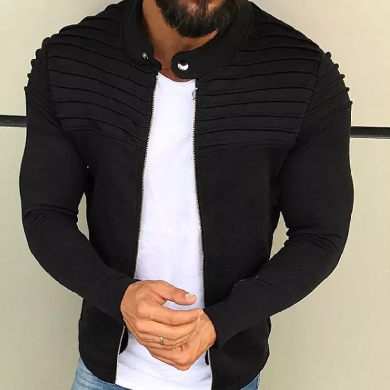 

New Men's Winter Zip up Slim Collar Shoulder Ruched Jacket Tops Long Sleeve Casual Coat Outerwear Fleece jacket