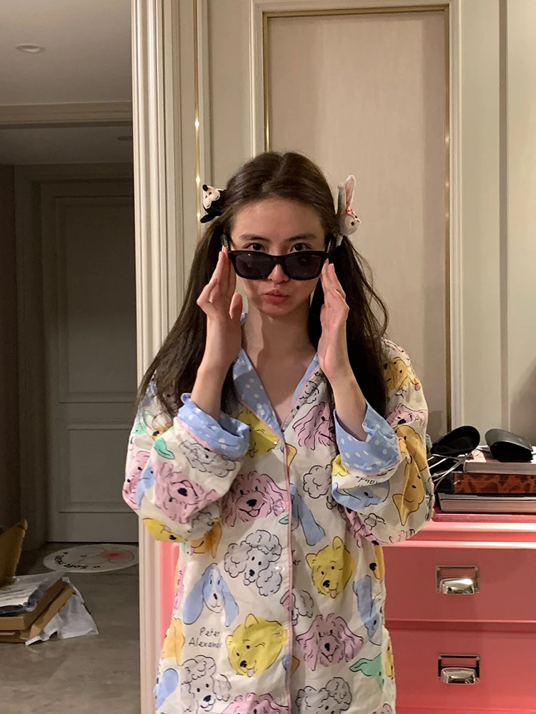 Интернет-знаменитости модный дизайн пижамы с длинными рукавами и мультяшным