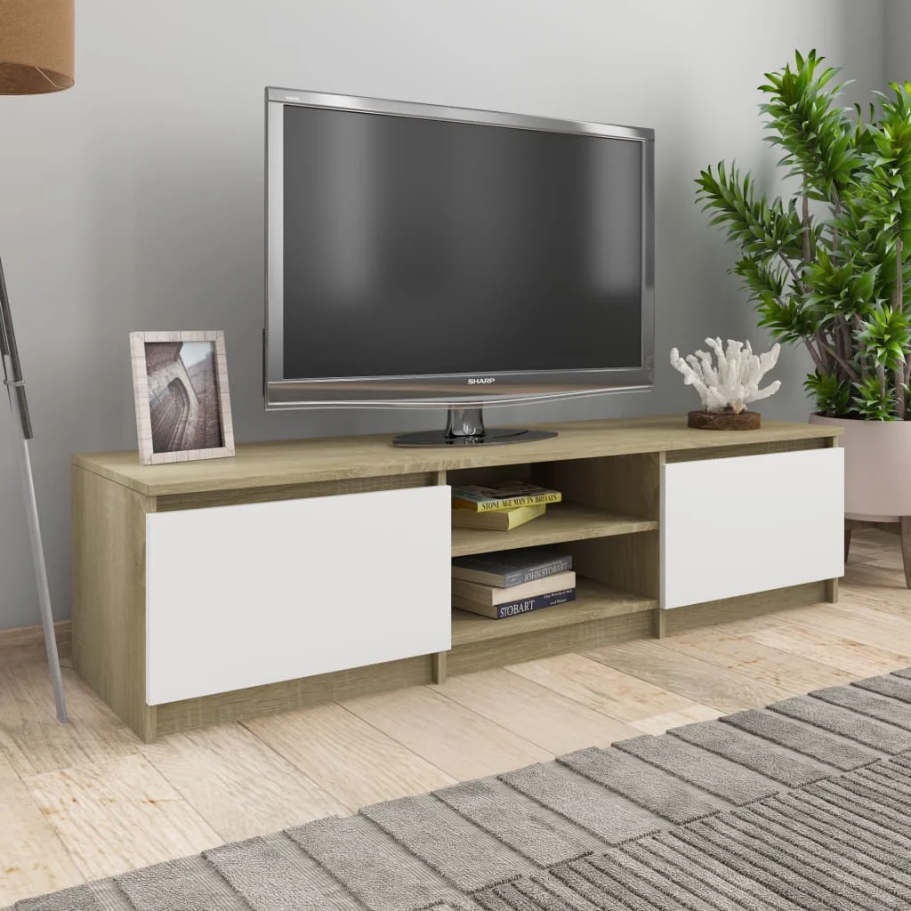 

TV Media Console Television Entertainment Stands Cabinet White and Sonoma Oak 55.1"x15.7"x14" Chipboard