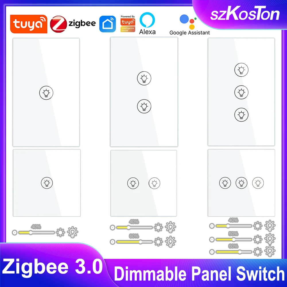 

1/2/3 Gang Tuya ZigBee Smart Dimmer Switch Dimmable Panel Switch for Alexa Google Home Work with Zigbee Gateway+Neutral Wire