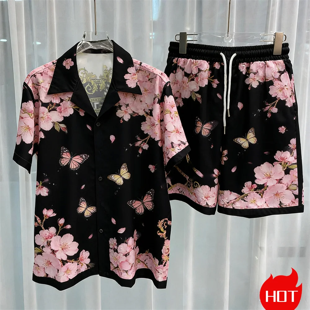 Фото Мужской комплект с цифровой печатью: модный двухкомпонентный набор с шортами, высококачественная летняя рубашка с коротким рукавом, унисекс-комплект в стиле Y2K, домашняя пижама. №1