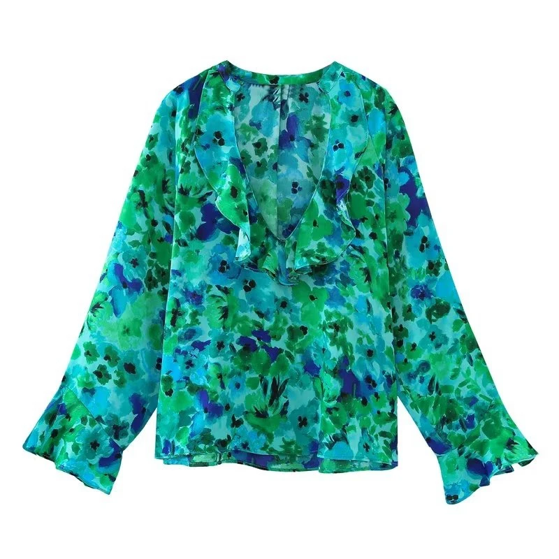 

Fashion Cascading Ruffles V neck Blouse Spring Puff Sleeve Loose Lady Tops Women Casual Summer Shirts