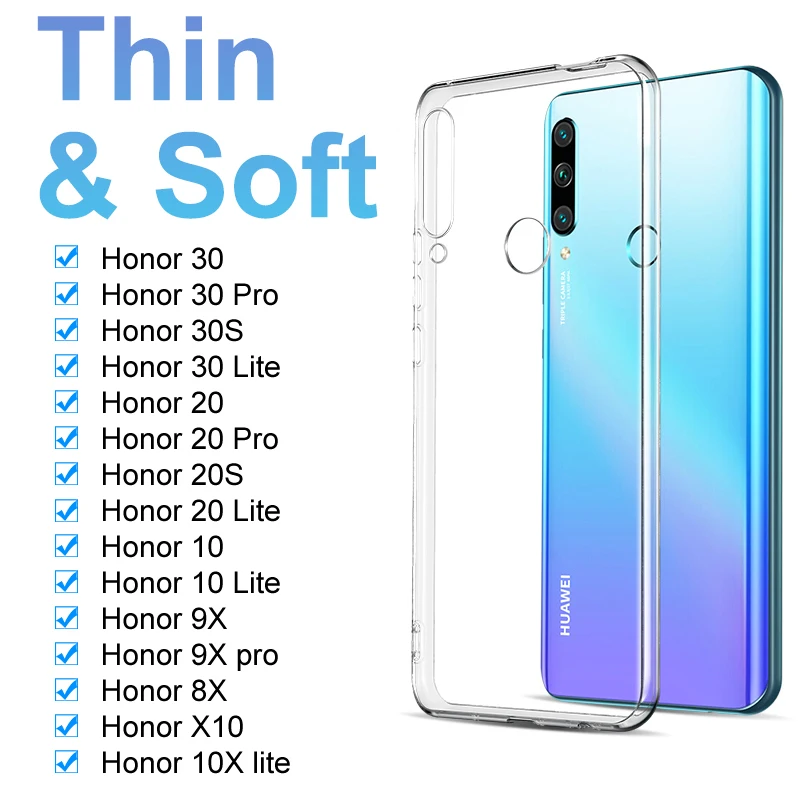 

Ультратонкий силиконовый чехол для Huawei Honor 30S 20S 30 20 Pro 20i 10i 10 10X Lite 9A 9X Pro X10 Max, прозрачный мягкий чехол-накладка, чехлы