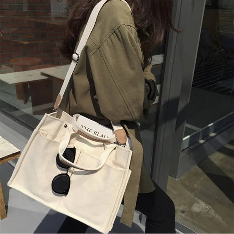 Canvas Simple Totes With Many Pockets Messenger Bags Large Capacity Shoulder Bag Female Big Handbag