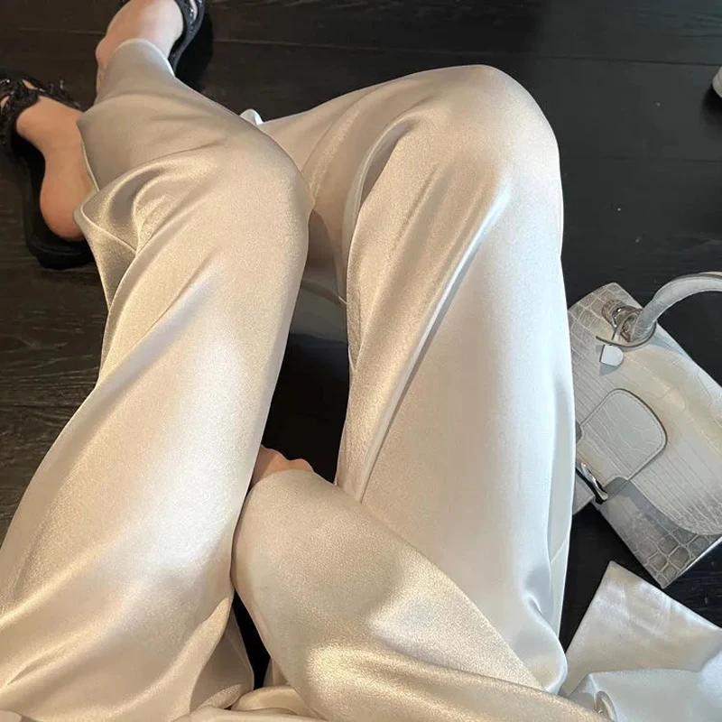 

Acetate Fabric Fluid Trousers Loose High Waist Wide Leg Pants Chic Korean Fashion Streetwear White Solid Summer Thin Cold Satin