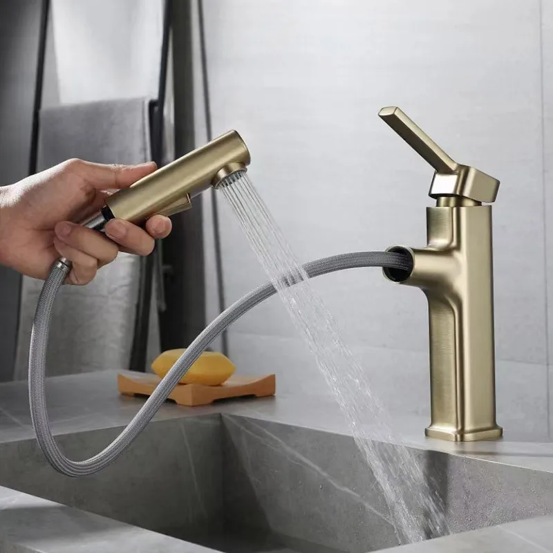 

Brushed Gold Pull-out Bathroom Sink Faucet Brass Deck Installation Hot And Cold Mixed Water Basin Faucet 360 Degree Rotating