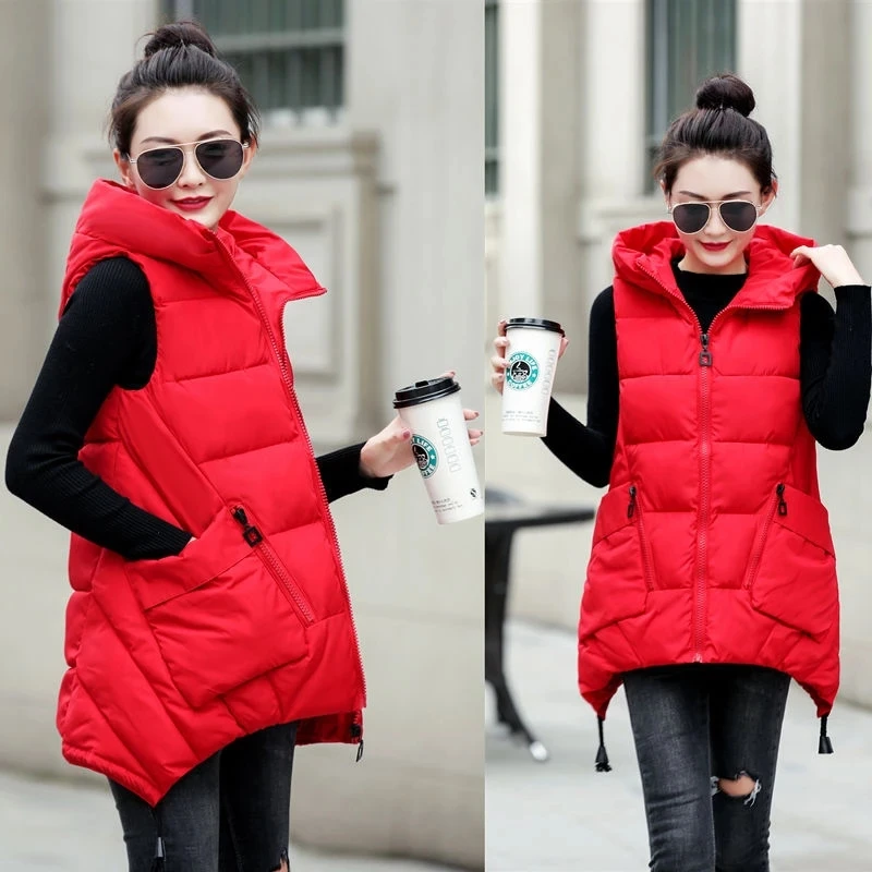 2023 Autumn Winter Women Puffer Jacket Vest Thick New Cotton Sleeveless Waistcoat Coats Zipper Hooded Collar Jacket Plus Size