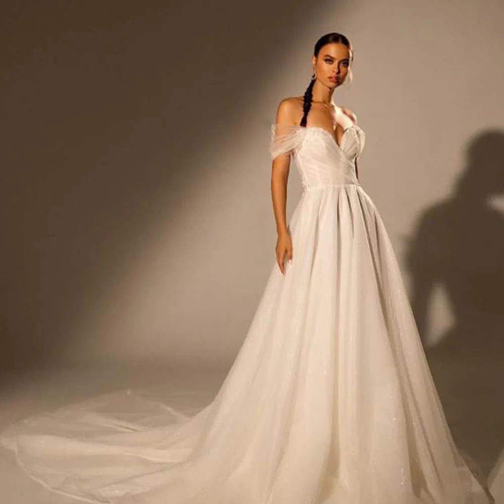 

Classic Wedding Dresses V-Neck Zipper Backless Off The Shoulder Short Sleeves Bride Gowns Applique Tulle A-Line Vestido De Noiva