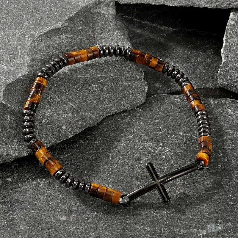 Браслет из бисера и камня тигрового глаза