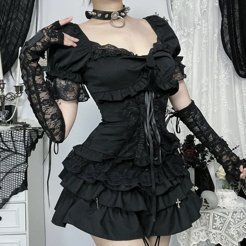 Фото Черная однотонная кружевная лоскутная футболка с короткими рукавами E-girl Kawaii с бантом, бандажные топы Mall, готическая техническая одежда, женские тонкие альтернативные футболки №5