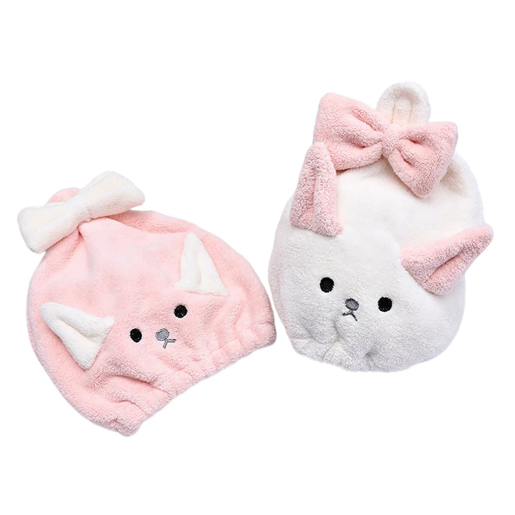 

2PCS Cartoon Hair Drying Towel Fashion Hair Drying Caps Coral Fast Drying Caps Lovely Bowknot Long Ear Cat Hair-drying Water