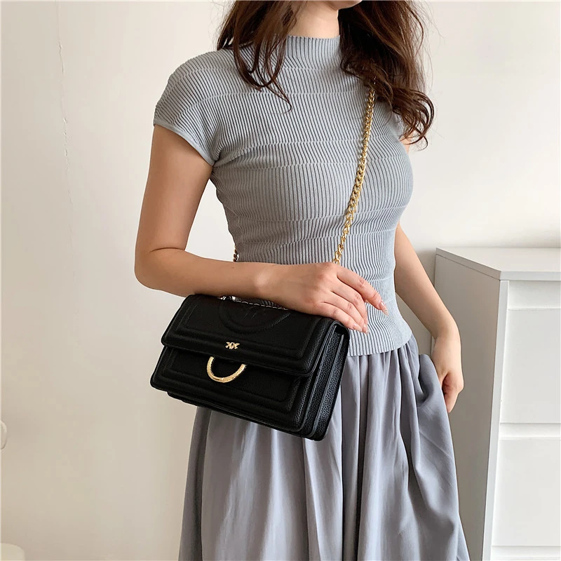 

2023 Beaded Chain Women's Shoulder Bag Fashion Ladies PU Leather Crossbody Bags Elegant Small Square Purse For Female Handbags