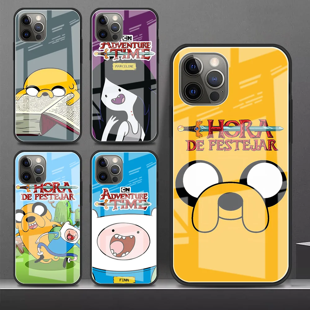 

Cartoon Adventures Time Glass Funda Case for Apple iPhone 11 12 13Pro 8 7Plus XR X XS Tempered Cell Phone Coque SE 6 6S Cover
