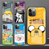 cartoon adventures time glass funda case for apple iphone 11 12 13pro 8 7plus xr x xs tempered cell phone coque se 6 6s cover