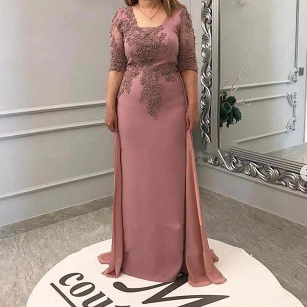 

Mother of the Bride Groom Dress with Overskirt Chiffon Square Neck Half Sleeve Evening Party Wedding Guest Formal Prom Gown 2022