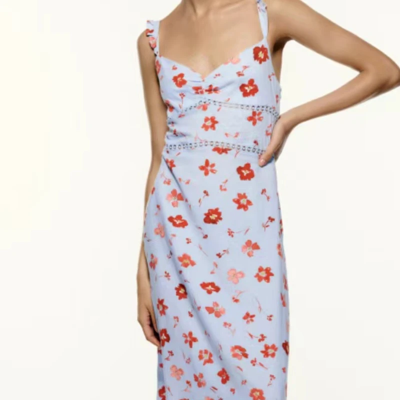 

Платье-миди женское кружевное с открытой спиной и цветочным принтом