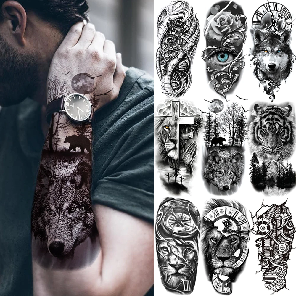 

Tattoo Sticker Temporary Tattoo Temporary Waterproof Black Forest Tattoo Sticker For Men Women Children Tiger Wolf Death Skull