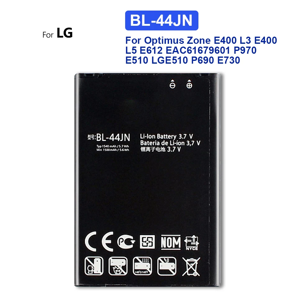 

BL-44JN Battery For Optimus Zone E400 Optimus L3 E400 L5 E612 EAC61679601 P970 E510 LGE510 P690 E730 1500mAh BL 44JN +Track Code