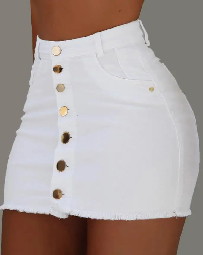 

Womens High Waist Button Denim Mini Skirt 2023 Summer Elastic Waistband Mid Long Jean Skirts Lady Fly Raw Hem Skinny Dress