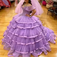 layered lavender quinceanera dress for sweet 15 year ball gown tulle sexy v neck luxury beaded cap sleeve formal debut gowns