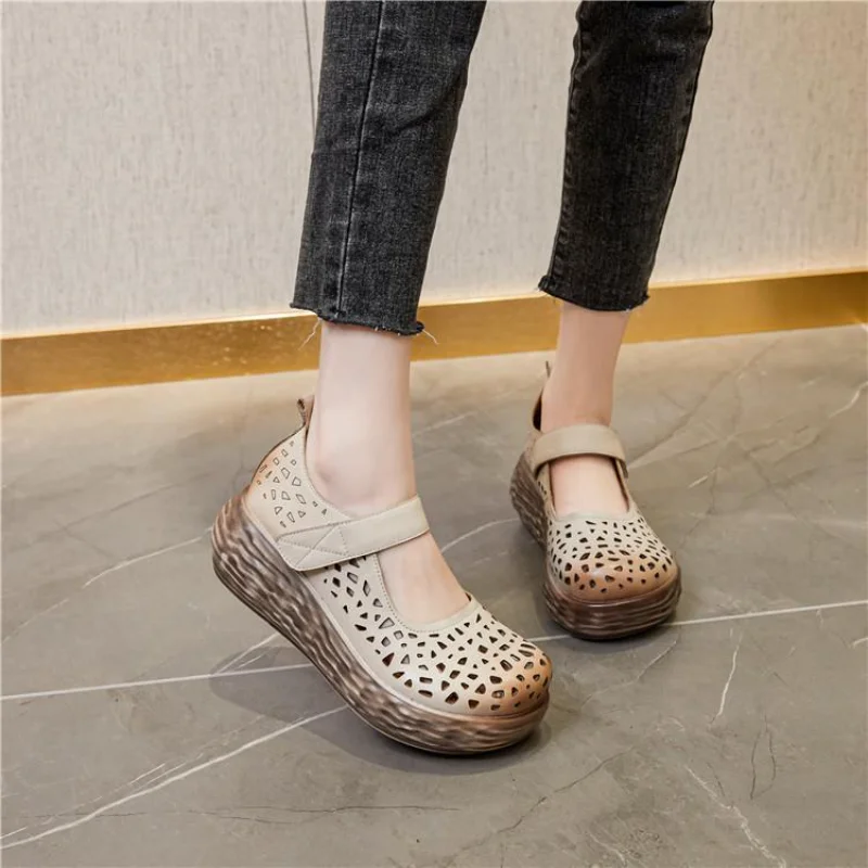 

5cm Moccasins Designer Luxury Authentic Elegance Natural Genuine Leather Women Platform Wedge Hollow Summer Fashion Hook Shoes