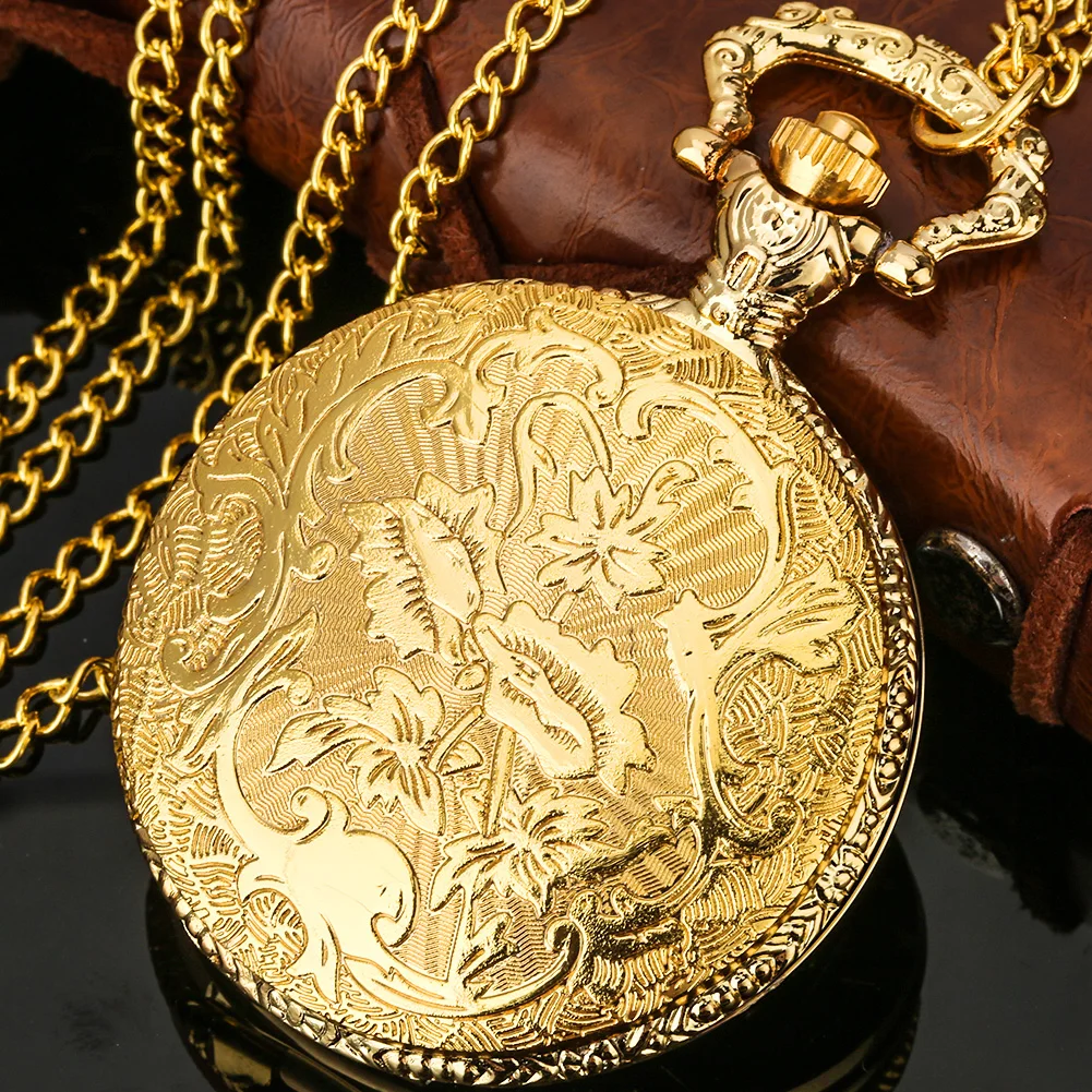 Pocket Watch Gold Geometric Pattern Compass Design Fashion Luxury Quartz Pocket Watch Pendant Necklace Gift Reloj De Bolsillo