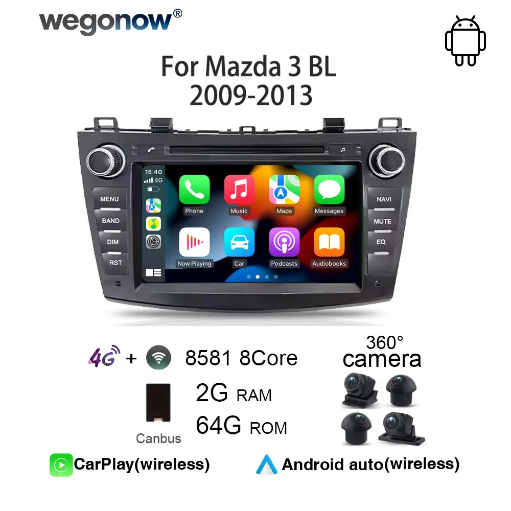 Фото Автомагнитола 7 дюймов для Mazda 3 BL 2009-2013 с CarPlay, Android 12.0, IPS-экраном, DVD-плеером, GPS, Wi-Fi, Bluetooth 5.0, RDS №1