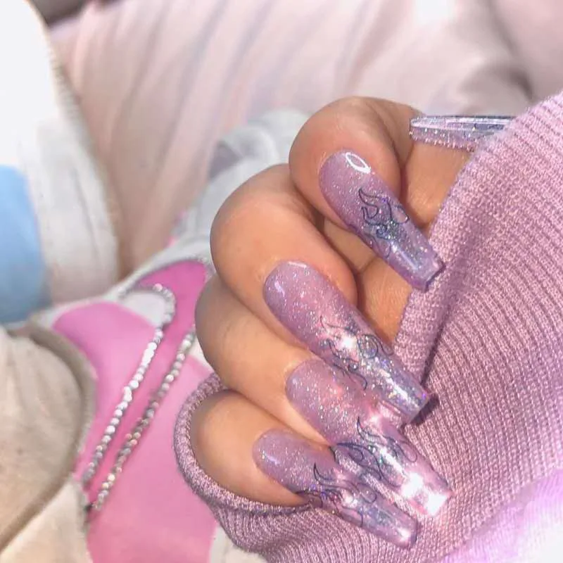 

24pcs/box Long Stiletto Fake Nails Purple Sequin Flame Punk Full Cover False Nails Artificial Nail Tips Manicure Tools COL-JSP