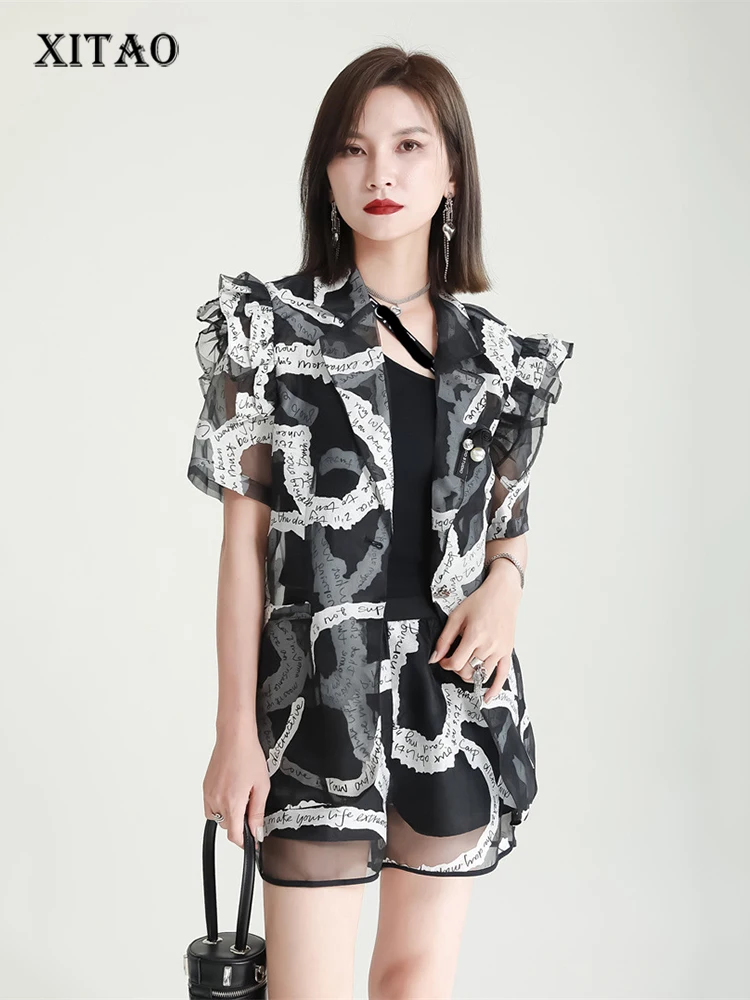 

XITAO Mesh Short Sets Contrast Color Letter Print Short Pants Coat Bottoming Three-piece Set Summer Fashion All-match WMD6939