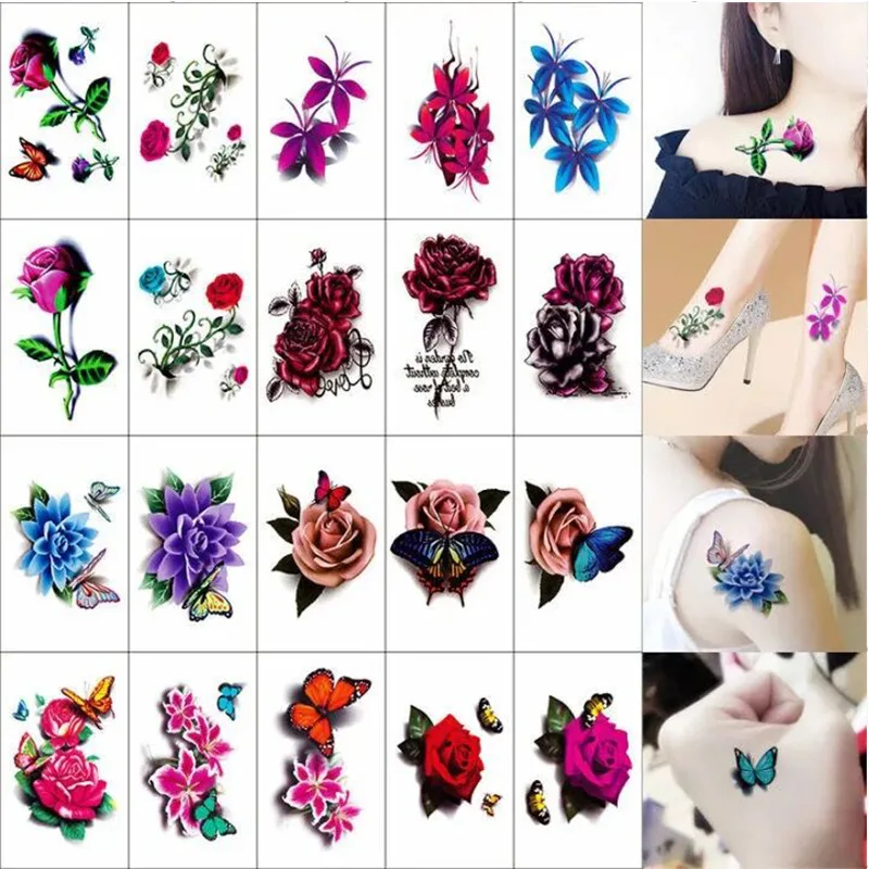

20pcs/set Small Fresh Temporary Tattoos Female Waterproof Lasting Black Red Rose Flower Butterfly Flash Tattoo Stickers