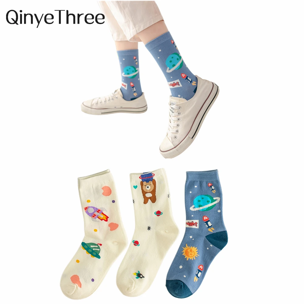 

New Cute Cartoon Universe Space Rocket Patterned Socks Harajuku Skateboard Hipster Street Dance Women Tube Sokken Dropship